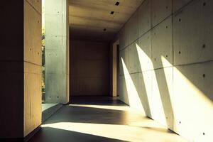 Sunlit concrete corridor with shadows in modern architectural space photo