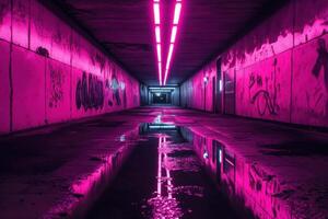Neon-lit urban tunnel with pink lights and reflections on wet floor photo