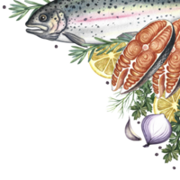 Corner frame with trout, whole and sliced, with vegetables. A hand-drawn watercolor illustration. A color image of a seafood template. For menu, recipe, packaging, invitation. png