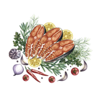 Sliced red fish with vegetables. A hand-drawn watercolor illustration. A color image of a fish dish. For menus, recipe books, packages, labels, invitations and banners. png