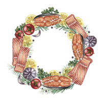 The frame is round with a picture of a fillet of red fish with vegetables. A hand-drawn watercolor illustration. A color image of a fish dish template. For menus, package, label png
