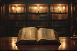 Antique open book on wooden table in dimly lit library with vintage bookshelves photo