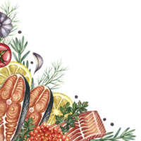 Corner frame with an image of sliced red fish with vegetables. A hand-drawn watercolor illustration. A color image of a seafood template. For menus, label, packaging, invitation png