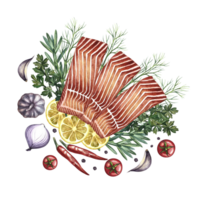 Red fish fillet, sliced, with vegetables. A hand-drawn watercolor illustration. A color image of a fish dish. For menus, recipe books, packages, labels, invitations and banners. png