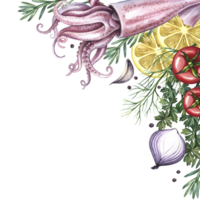 The frame is angular with squid, lemon, herbs and vegetables. Handmade watercolor illustration. A color image of a seafood dish. For menus, recipe, packages, labels, invitations png