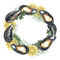 The frame is round with mussels, lemon and herbs. Handmade watercolor illustration. A color image of a seafood template. For menus, invitations, packages, labels and recipes. png