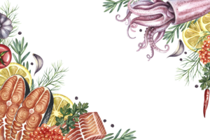 Corner frame with an image of squid and sliced red fish with vegetables. A hand-drawn watercolor illustration. A color image of a seafood template. For menus, labels, invitation png
