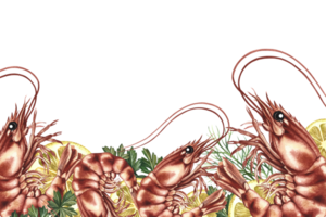 A banner frame with an image of shrimps and lemons. A hand-drawn watercolor illustration. A color template featuring seafood and vegetables. For menus, recipe, packages, labels. png