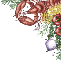 The frame is angular with lobster, lemon, herbs and vegetables. Handmade watercolor illustration. A color image of a seafood dish. For menus, recipe, packages, labels, banners. png