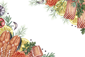 A frame with an image of sliced red fish with vegetables. A hand-drawn watercolor illustration. A color image of a seafood template. For menus, labels, packaging, invitations. png