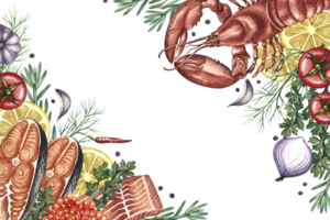 Corner frame with lobster and fish, vegetables and spices. A hand-drawn watercolor illustration. A color image of a seafood template. For menu, recipe, invitation and packaging. png