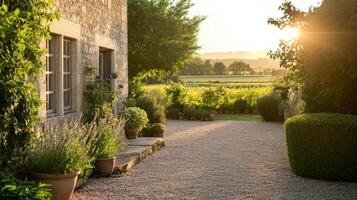 Charming country house with sunlit garden pathway at sunset photo