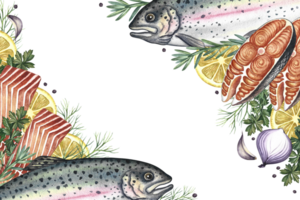 Corner frame with trout, whole and sliced, with vegetables and spices. A hand-drawn watercolor illustration. A color image of a fish dish template. For menu, recipe, invitation. png