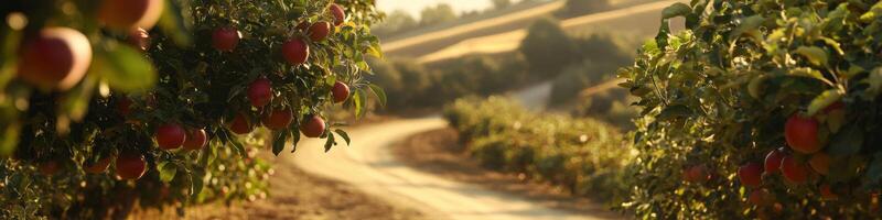 Idyllic apple orchard pathway in sunlit countryside landscape at sunset photo
