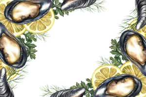 Corner frame with mussels, lemon and herbs. Handmade watercolor illustration. A color image of a seafood template. For menus, invitations, packages, labels and recipes. png