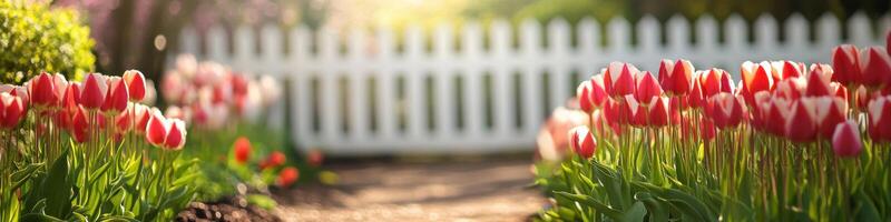 Vibrant red and white tulips in bloom by a sunny white picket fence in spring garden photo