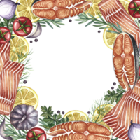 A frame with a picture of a fillet of red fish with vegetables. A hand-drawn watercolor illustration. A color image of a fish dish template. For menu, package, label, invitation png