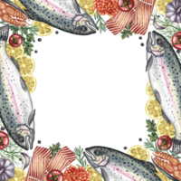 A frame with trout, whole and sliced, with vegetables. A hand-drawn watercolor illustration. A color image of a seafood template. For menus, recipe, packages, labels, invitation png