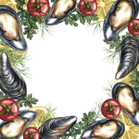 Framed with mussels, lemon, herbs and cherry tomatoes. Handmade watercolor illustration. A color image of a seafood template. Suitable for menus, invitations, packages, labels. png