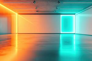 Modern interior with neon lighting and reflective floor in empty room photo