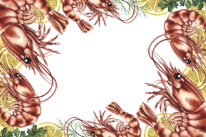A frame with an image of shrimps and lemons. A hand-drawn watercolor illustration. A color template featuring seafood and vegetables. For menus, recipe books, packages, labels. png