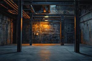 Industrial warehouse interior with exposed pipes and dim lighting concept photo