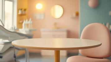 Modern dentist office interior with pastel colors and rounded furniture elements photo