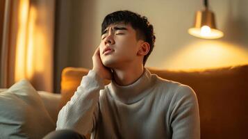 Young man in turtleneck experiencing toothache sitting in cozy living room lighting photo