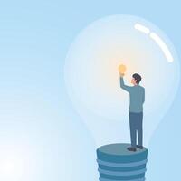 A man finds a small light bulb burning inside a large lamp. A metaphorical illustration of the value of an idea, valuable thinking and limitless creativity. vector