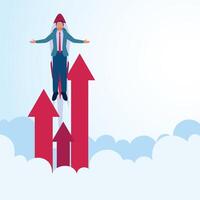 A man goes up in a rocket with an arrow going up. A metaphorical illustration of increasing sales, accelerating profits and increasing revenue. vector