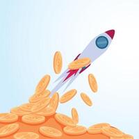Rockets shoot up and coins scatter. A metaphorical illustration of increasing sales, accelerating profits and increasing revenue. vector