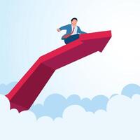 A man riding an arrow that goes up to the clouds. A metaphorical illustration for increasing sales, accelerating profits and increasing revenue. vector