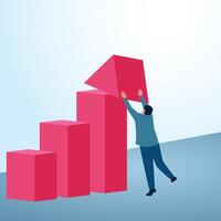 A man sets an arrow head to go up. A metaphorical illustration to increase sales, accelerate profits and increase revenue. vector