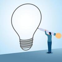 A man draws a big lamp with a pencil. Illustration of the value of an idea, valuable thoughts and limitless creativity. vector