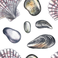 Seamless pattern with sea stones, mussels and scallops. A hand-drawn watercolor illustration. Color images of beach elements. Ideal for textiles, fabrics, wrapping paper, printing and more. png