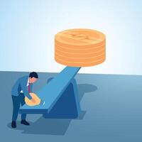 A man puts a lamp on a money scale. A metaphorical illustration for the value of an idea, valuable thinking and limitless creativity. vector