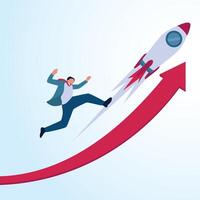 A man running with a rocket riding an arrow going up. A metaphorical illustration to increase sales, accelerate profits and increase revenue. vector