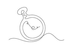 Linear drawing of a pocket watch with an arrow. The continuous contour is a symbol of time, management, deadline, morning, planning, working hours. Minimalistic design, the concept of passing time. vector