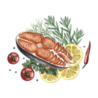 Sliced red fish with tomatoes, lemon and herbs. A hand-drawn watercolor illustration. A color image of a fish dish. For menus, recipe books, packages, labels, invitations and banners. png