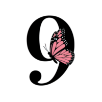 A vivid, pink butterfly with intricate wing patterns rests on the numeral 9, creating a striking contrast cutouts png