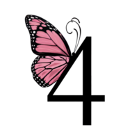 A vivid, pink butterfly with intricate wing patterns rests on the numeral 4, creating a striking contrast cutouts png