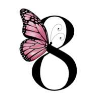 A vivid, pink butterfly with intricate wing patterns rests on the numeral 8, creating a striking contrast cutouts png