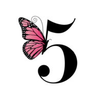 A vivid, pink butterfly with intricate wing patterns rests on the numeral 5, creating a striking contrast cutouts png