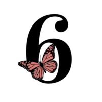 A vivid, pink butterfly with intricate wing patterns rests on the numeral 6, creating a striking contrast cutouts png