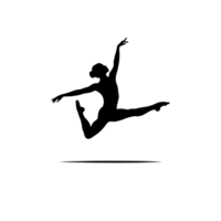 A silhouette of a dancer captures a graceful leap with arms and legs extended elegantly, creating a sense of movement and poise.cutouts png