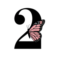 A vivid, pink butterfly with intricate wing patterns rests on the numeral 2, creating a striking contrast cutouts png