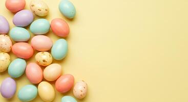 Happy Easter Flat Lay with Colorful Eggs on Light yellow Background. A cheerful and festive background for Easter-themed campaigns, posters, and invitations. photo