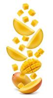 Tropical mango chunks falling, isolated on white. Ripe mango pieces in mid-air, ideal for summer-themed culinary visuals photo