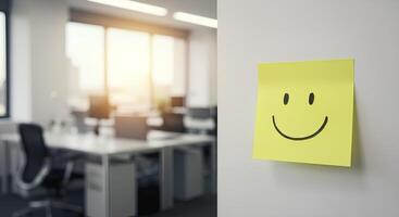 Yellow Sticky Note with a Hand-Drawn Smiley for World Happiness Day. A minimalist yet uplifting design promoting mental well-being photo