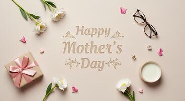 Floral arrangement surrounding Mother's Day text in a flat lay design. Ideal for stylish and heartfelt presentations photo